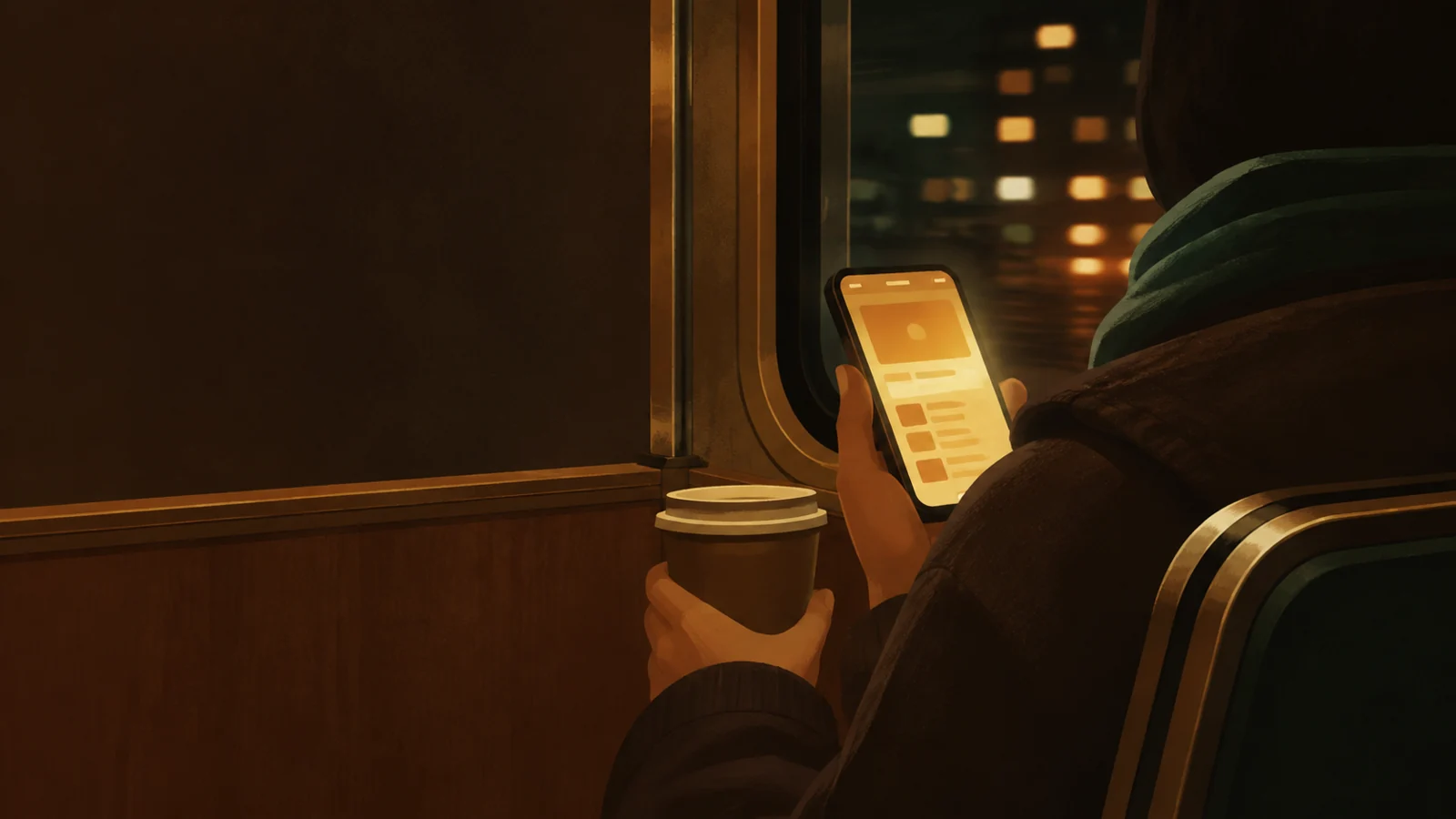 夜の電車内。後ろ姿の人が片手にスマートフォン、片手に紙のコーヒーカップを持ち、窓の外に街の明かりが流れる