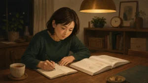 夜の食卓でノートに記述式の答案を書く佐々木美和（45・仙台）。眉を寄せて集中している