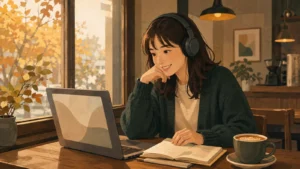 カフェの窓際でヘッドホンをつけ、ノートパソコンでFPの講義を見る中村咲（27・名古屋）