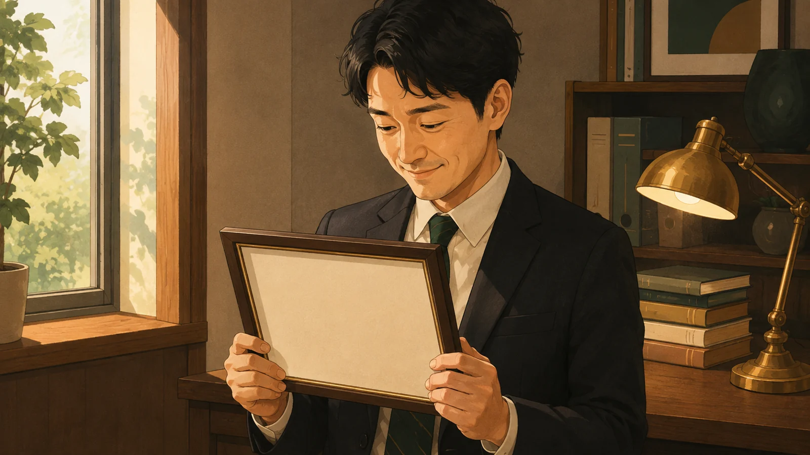 窓辺で額に入った登録証を両手で持ち、照れくさそうに微笑む石井健吾（34・東京）