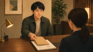 行政書士会の窓口で、封筒と登録の書類を差し出す石井健吾（34・東京）