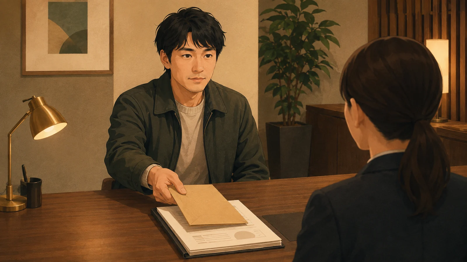 行政書士会の窓口で、封筒と登録の書類を差し出す石井健吾（34・東京）