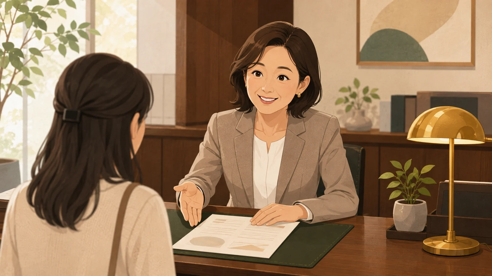 保険の窓口で書類を示しながら、お客に説明する森田由美(44・大阪)