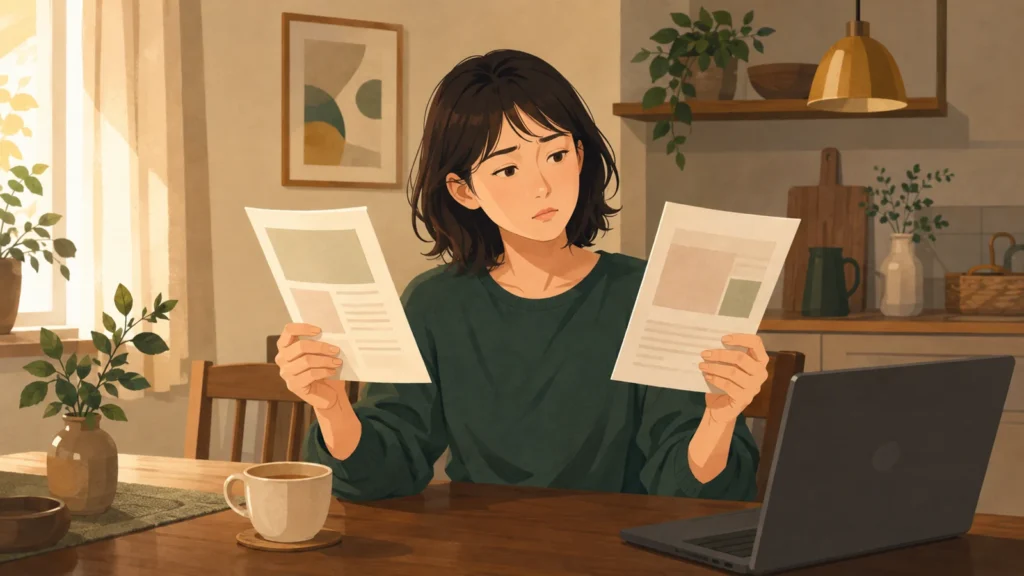 食卓で日本FP協会ときんざいのパンフレットを見比べ、首をかしげる松本千夏（36・千葉）