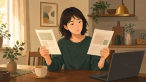 食卓で日本FP協会ときんざいのパンフレットを見比べ、首をかしげる松本千夏（36・千葉）