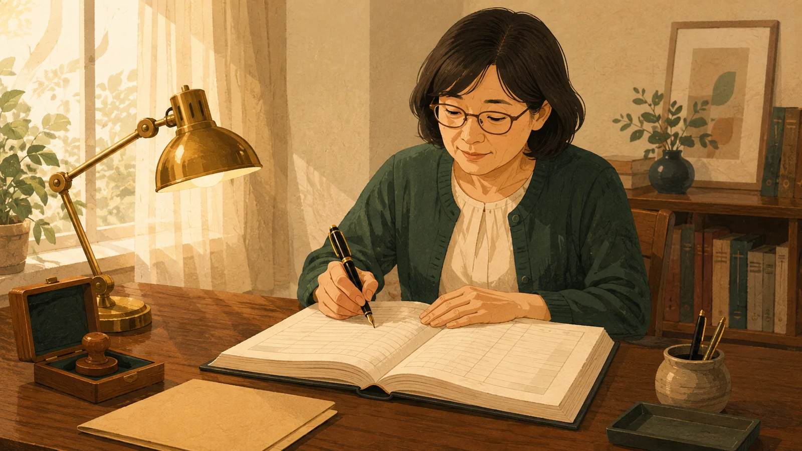 木の机で帳簿に万年筆で書き込む小林志穂(40・長野)