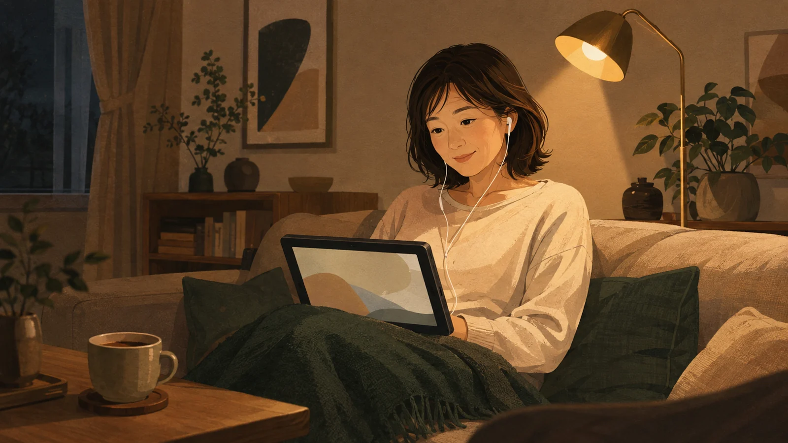 夜のソファでタブレットの法定講習の動画を見る森田由美（44・大阪）