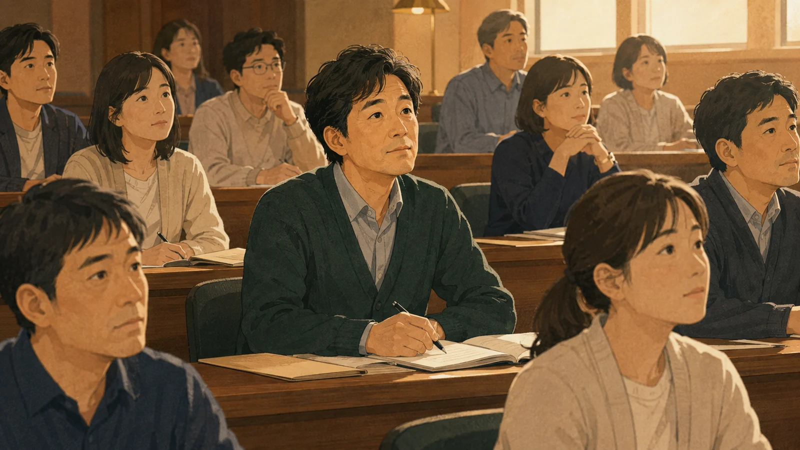 法定講習の会場の2列目で、講師のほうを見上げる玉城秀一（47・沖縄）