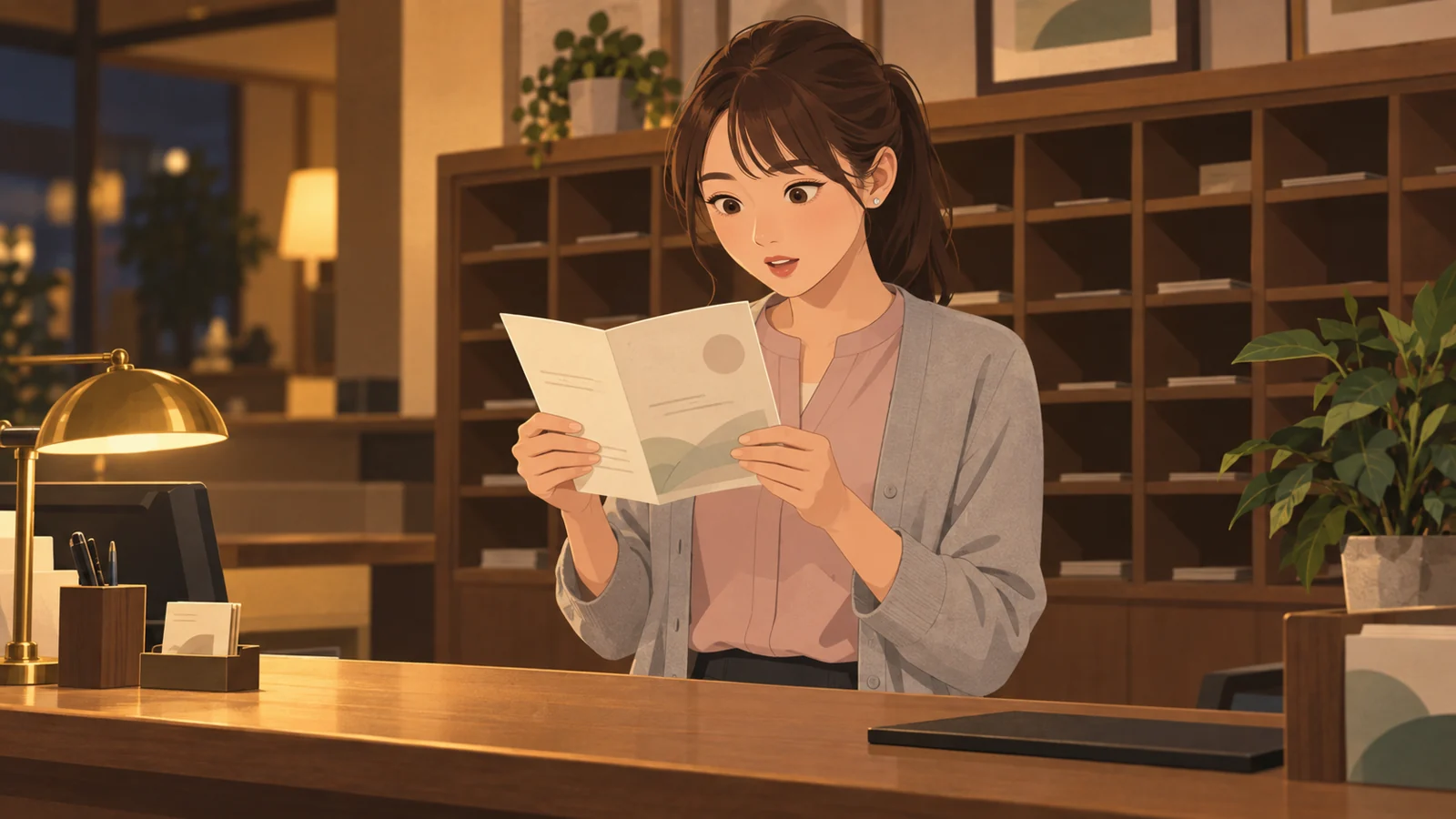 賃貸仲介の店で、折りたたんだ登録の案内を両手で開いて読む森ひなた(24・福岡)