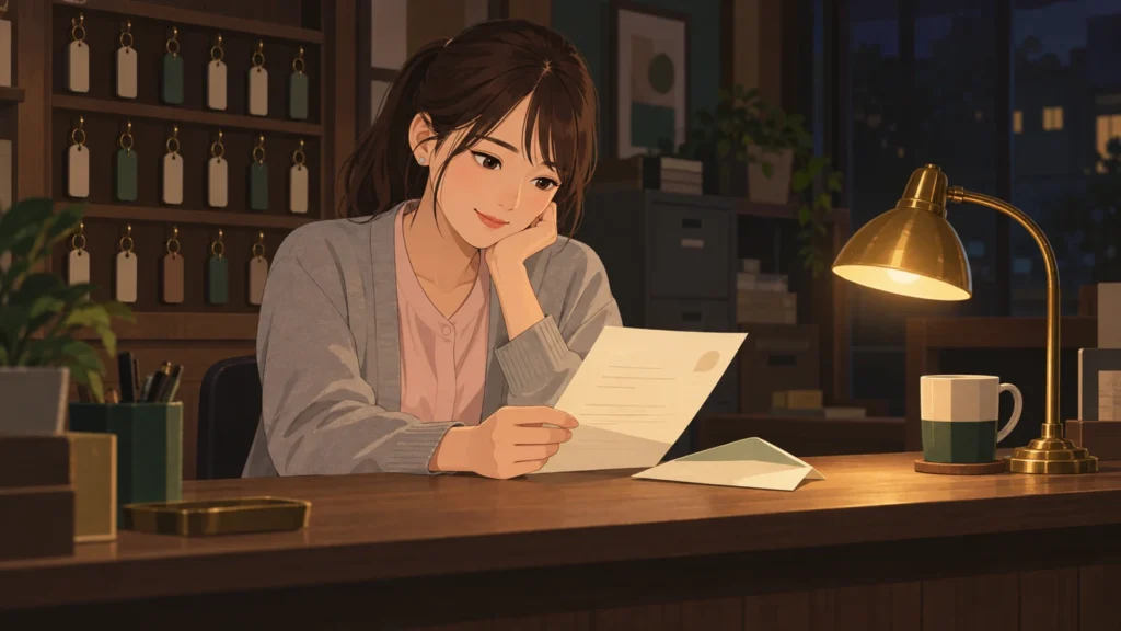 夜の賃貸仲介店のカウンターで、届いた書類を手に持ち、登録するかどうか考える森ひなた（24・福岡）