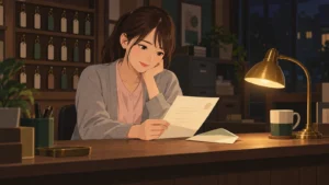 夜の賃貸仲介店のカウンターで、届いた書類を手に持ち、登録するかどうか考える森ひなた（24・福岡）