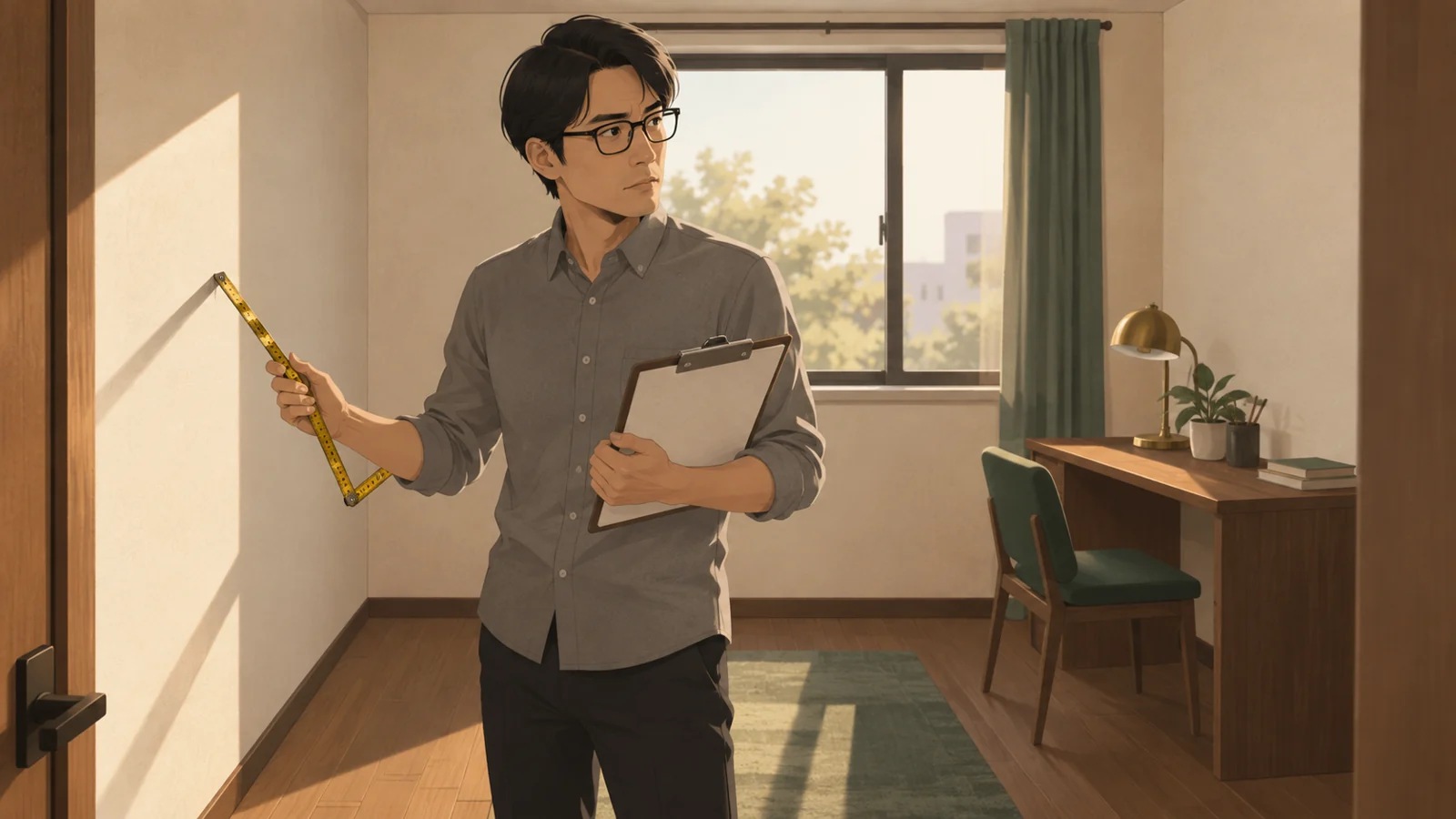 空き部屋でメジャーとクリップボードを手に、事務所にできるか部屋を見回す石井健吾(34・東京)