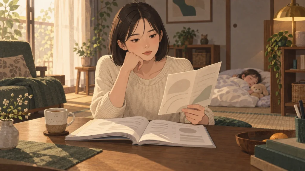 昼寝する子のそばで、行政書士のテキストの横に置いた登録の案内を見つめる藤本綾（29・京都）