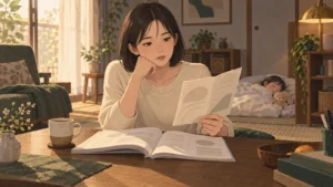 昼寝する子のそばで、行政書士のテキストの横に置いた登録の案内を見つめる藤本綾（29・京都）