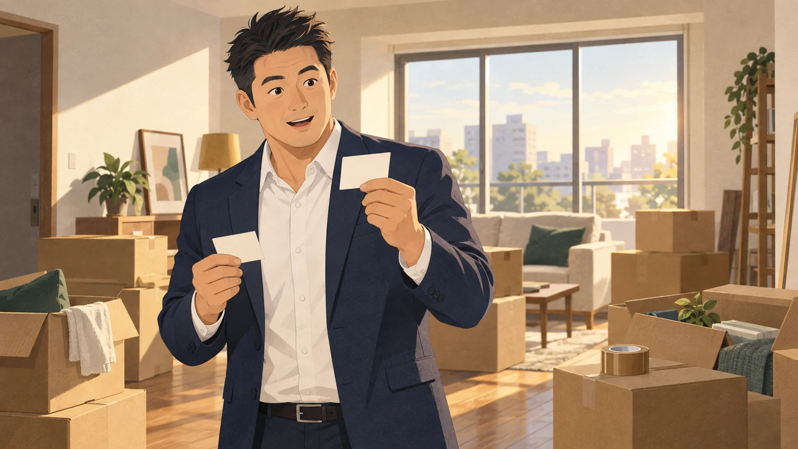 引っ越しの段ボールに囲まれ、手にしたカードを見て住所変更の手続きを思い出す高橋亮（37・札幌）