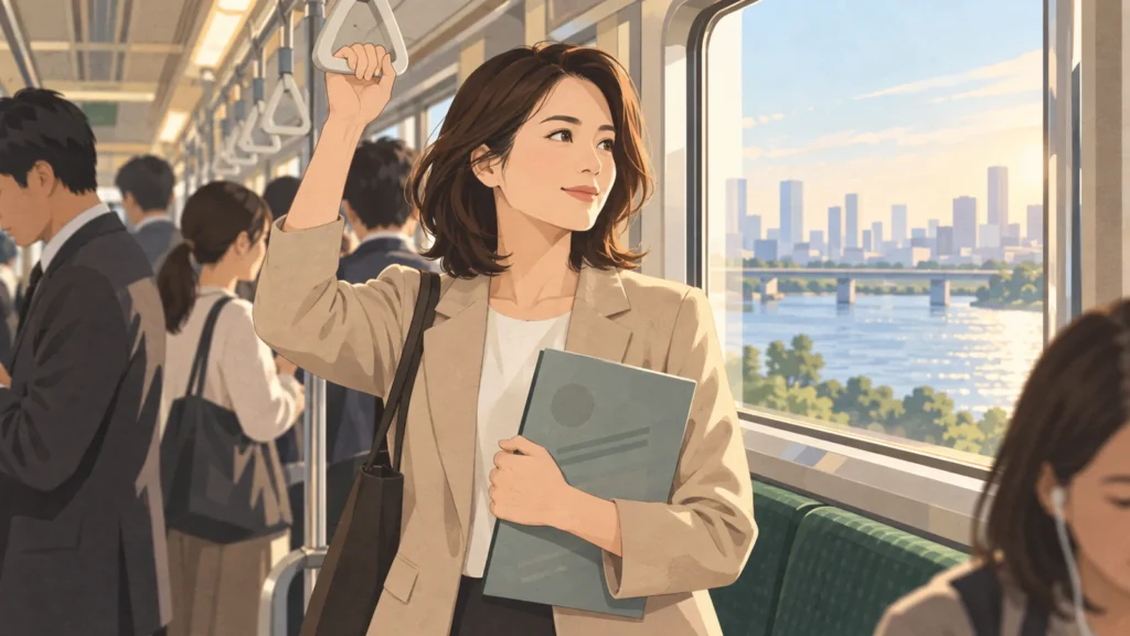 朝の通勤電車で書類ケースを胸に抱え、窓の外を見る松本千夏（36・千葉）