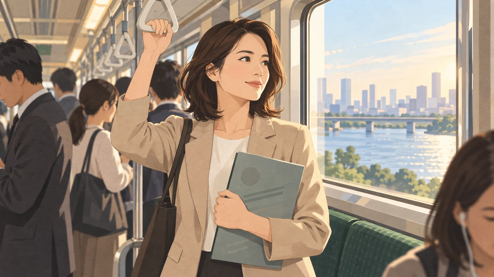 朝の通勤電車で書類ケースを胸に抱え、窓の外を見る松本千夏（36・千葉）