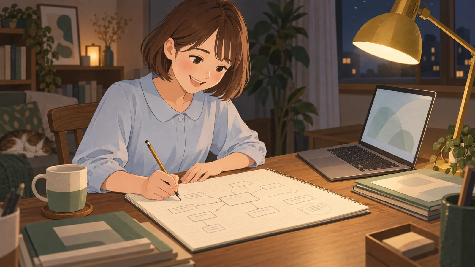 夜の机で、方眼ノートに家計の流れの図を書き出す中村咲（27・名古屋）