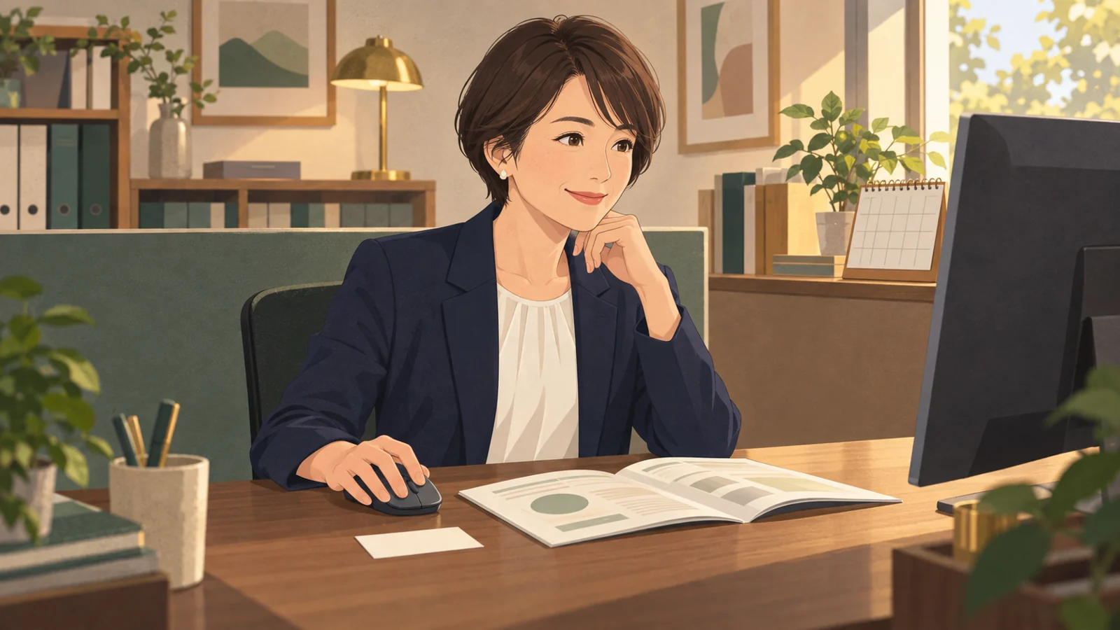 事務所の自席で、開いた冊子とカードを前に短い研修の申し込みを決める森田由美（44・大阪）