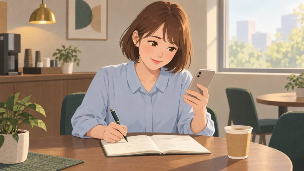 昼休みの休憩スペースで、スマホの講座一覧とノートを見比べる中村咲（27・名古屋）