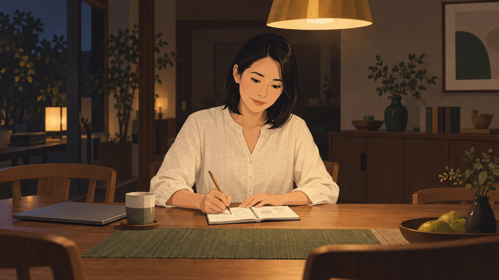 夜のダイニングで、ノートに単位と課目の段取りを書き出す小林志穂（40・松本）