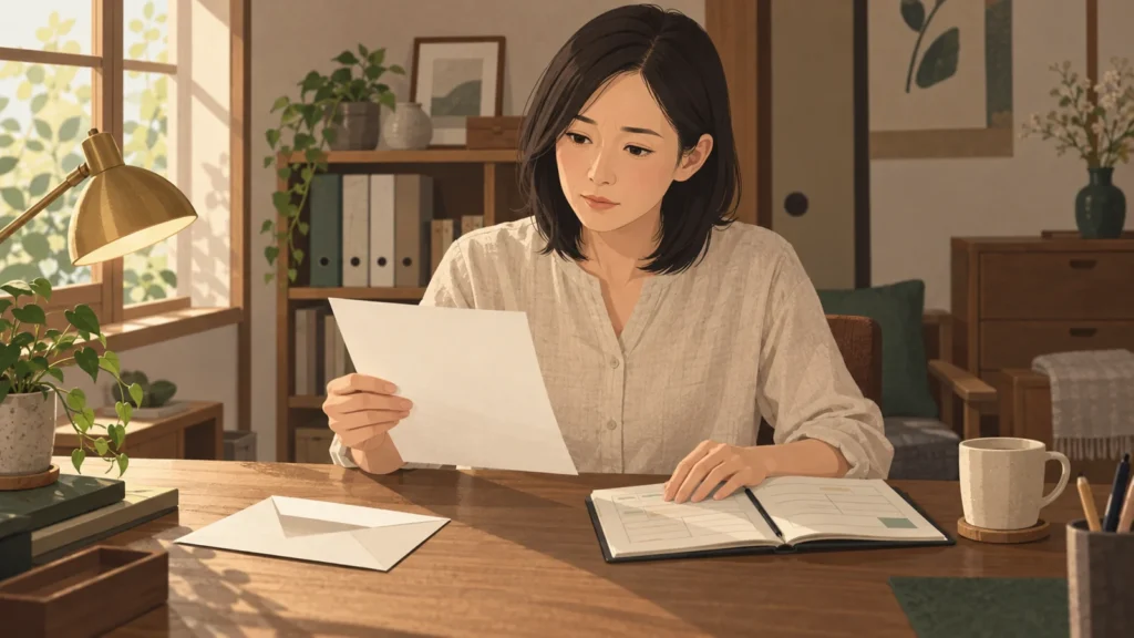 自宅の一室の事務所で、届いた知らせを読み、手帳を開いて期限を確かめる小林志穂（40・松本）