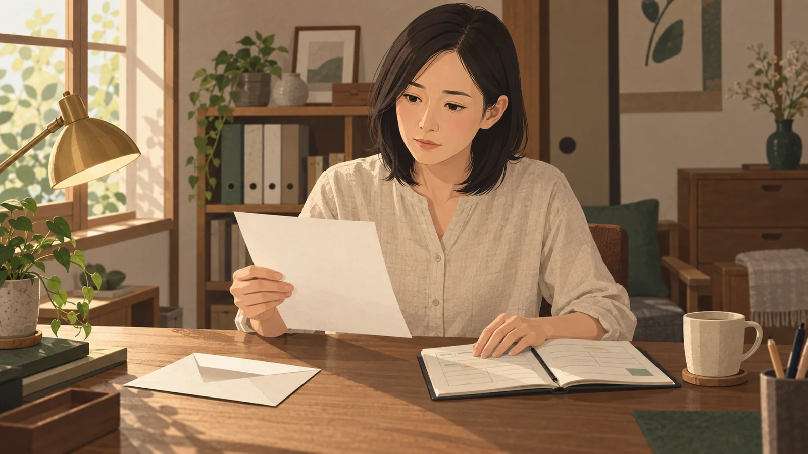 自宅の一室の事務所で、届いた知らせを読み、手帳を開いて期限を確かめる小林志穂（40・松本）