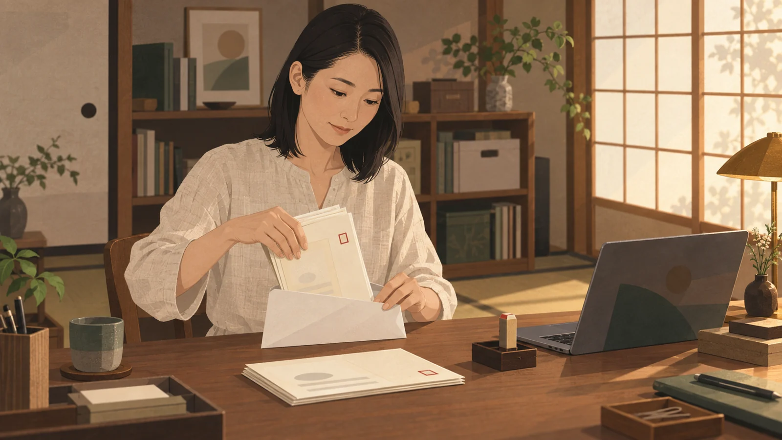 自宅の和室の事務所で、押印を済ませた書類を封筒に入れる小林志穂(40・長野)