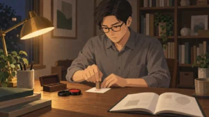 夜の自宅の机で、できたばかりの角印を小さな白い紙に慎重に押す石井健吾（34・東京）