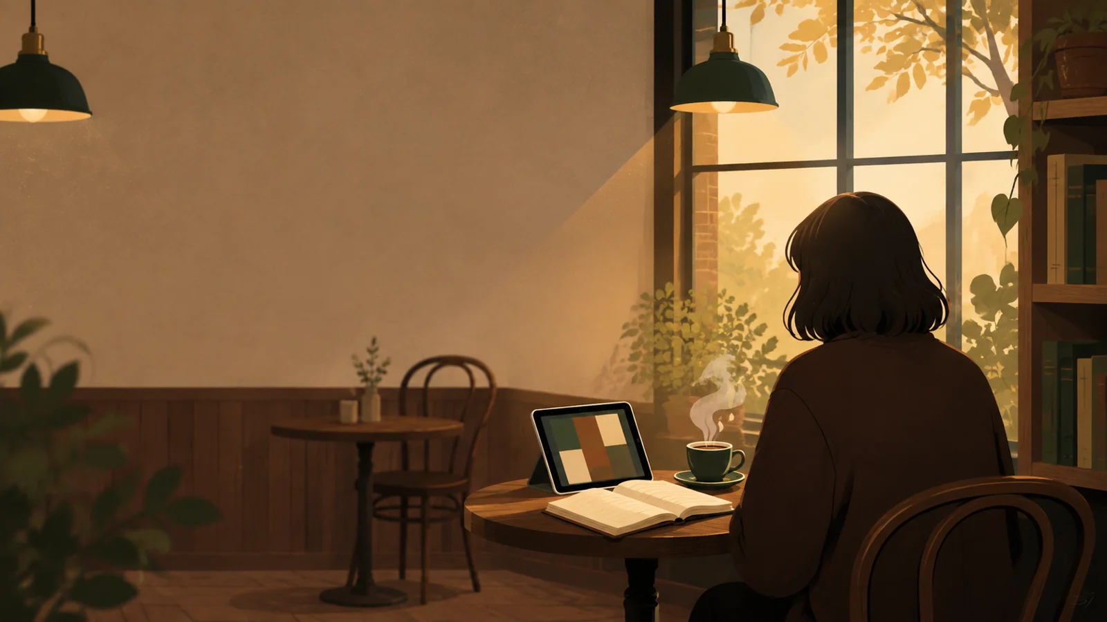 朝のカフェの窓際の席。後ろ姿の人の前にノートとタブレット、湯気の立つコーヒー。外から光が差している