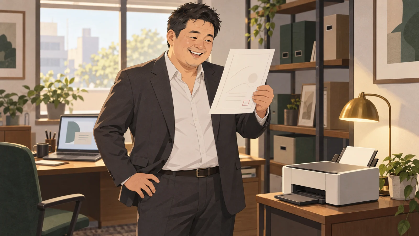 昼の事務所で、プリンターから出てきた紙を手に取って笑顔を見せる中原隆志（44・熊本）